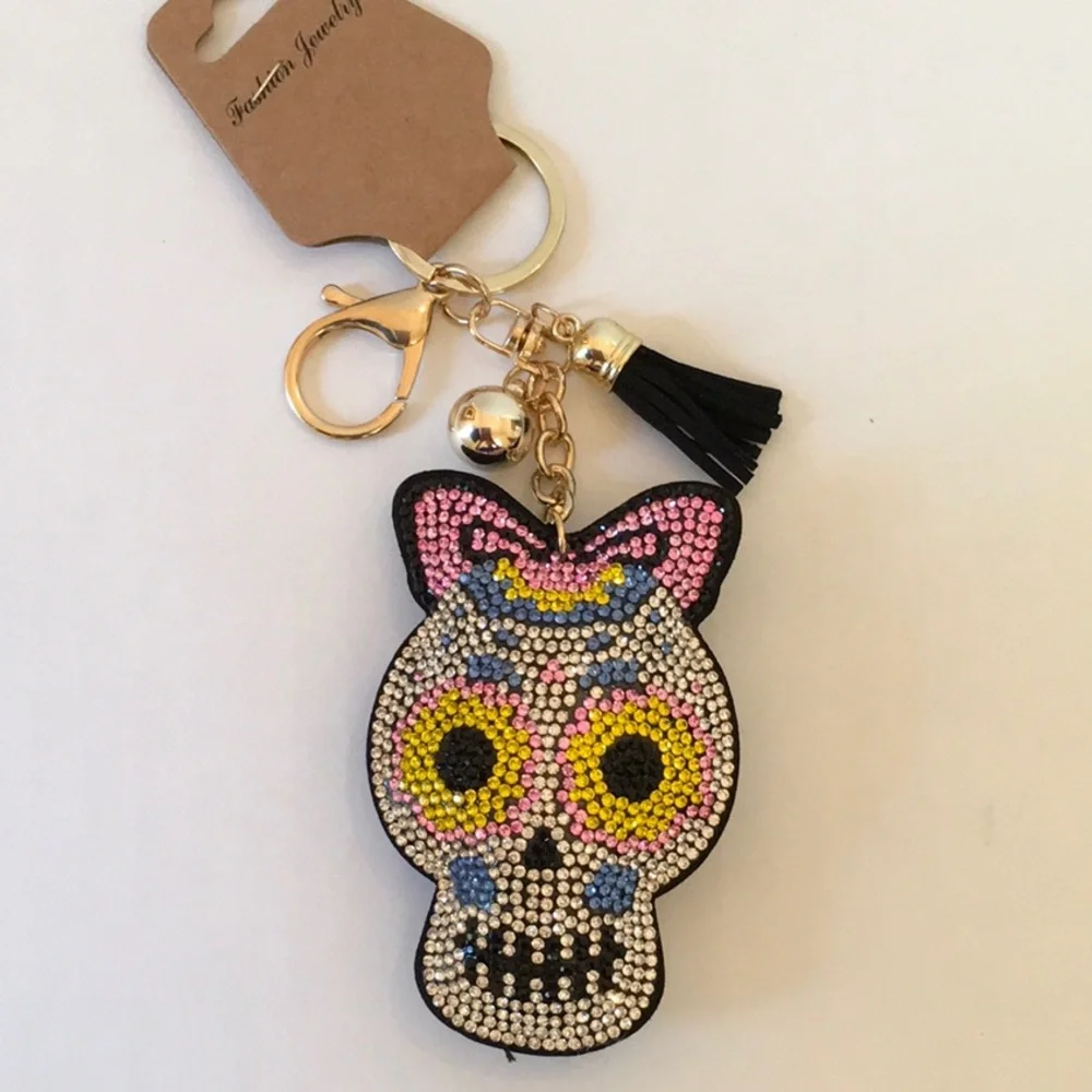 Halloween! Shiny Whimsical Girl Rhinestone Skull Keychain NWT